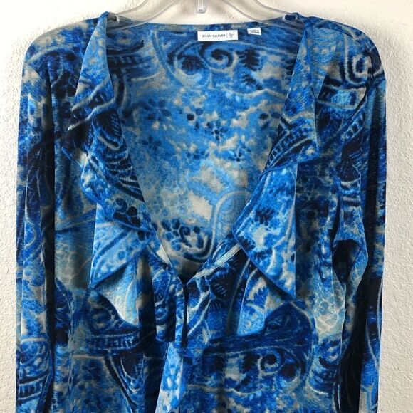 Susan Graver S Blue Swirl Statement Ruffle Collar Liquid Knit Cardigan - Picture 3 of 8
